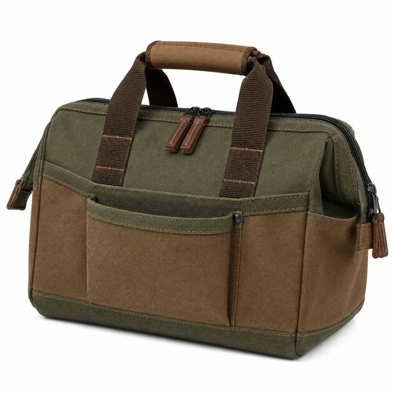 Langlebige Canvas-Werkzeugtasche Olivgrün/Braun mit Mehreren Fächern