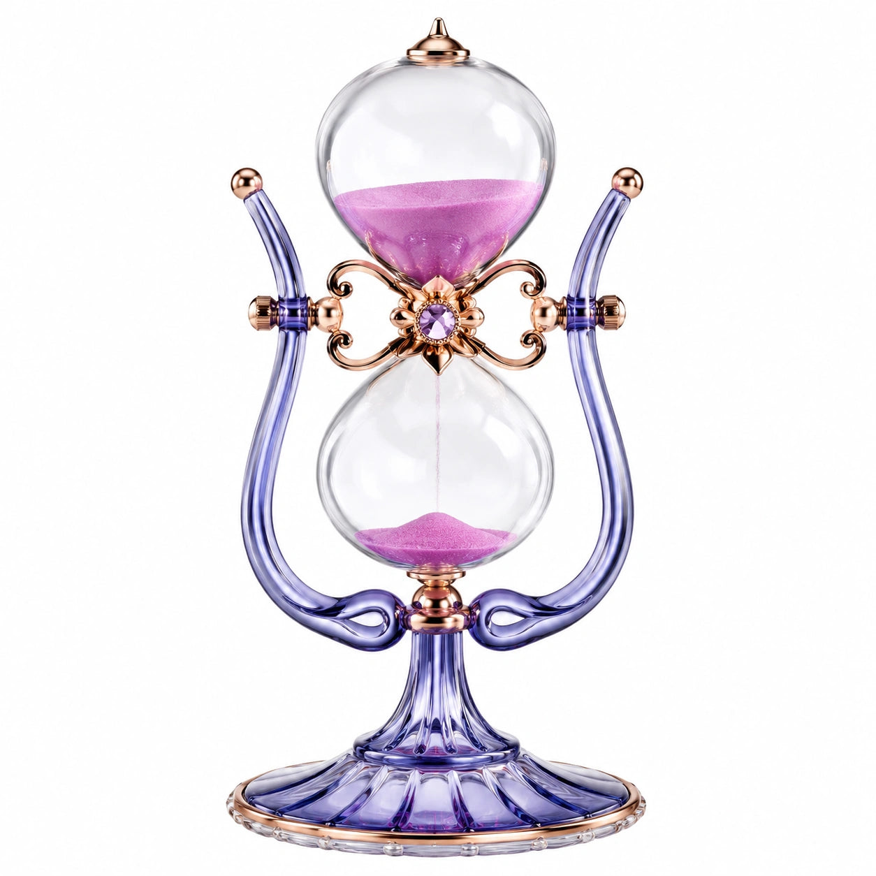 Elegante Sanduhr mit violettem Sand und Glasrahmen