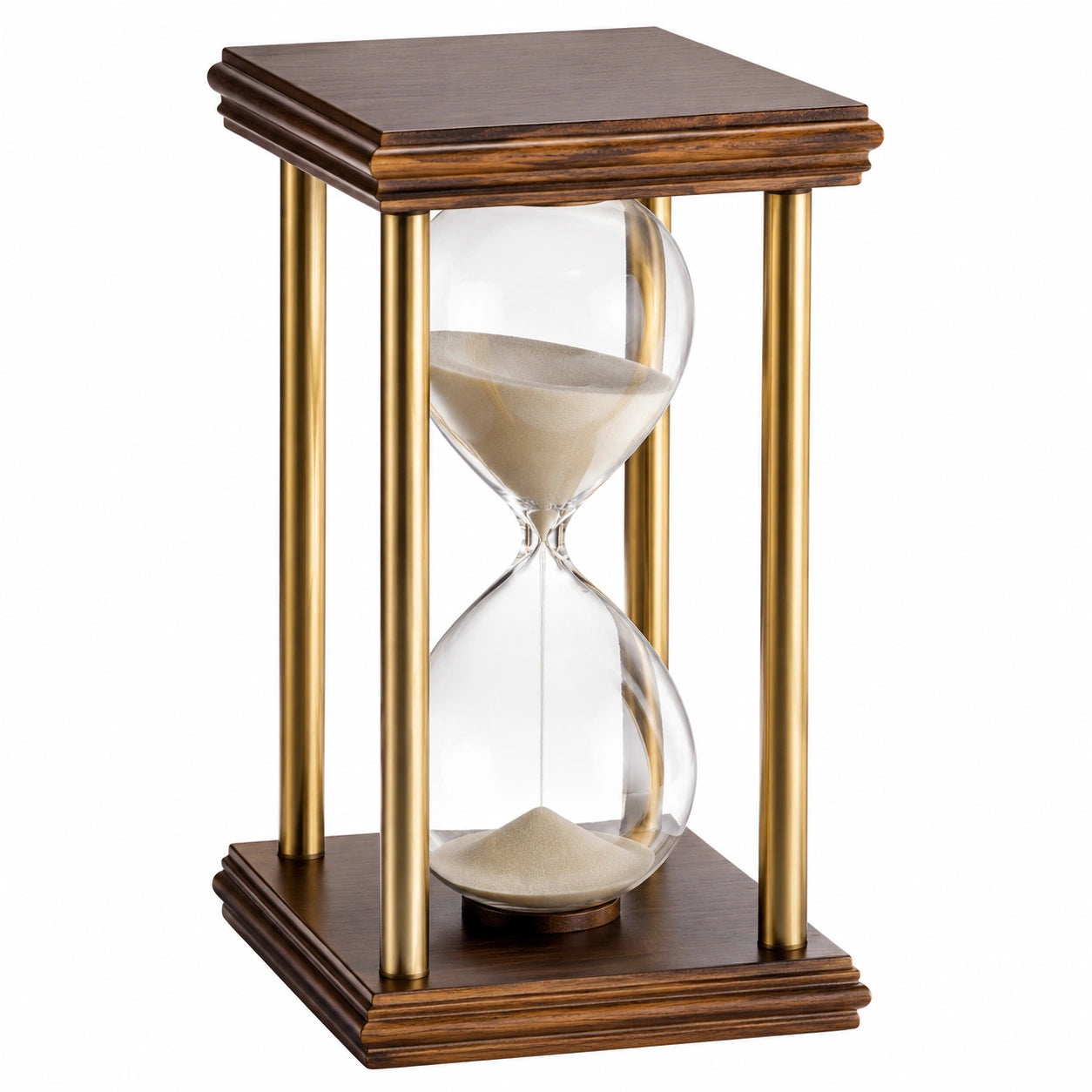 Dekorative Sanduhr aus Glas mit Holz und Metallrahmen in Gold und Braun