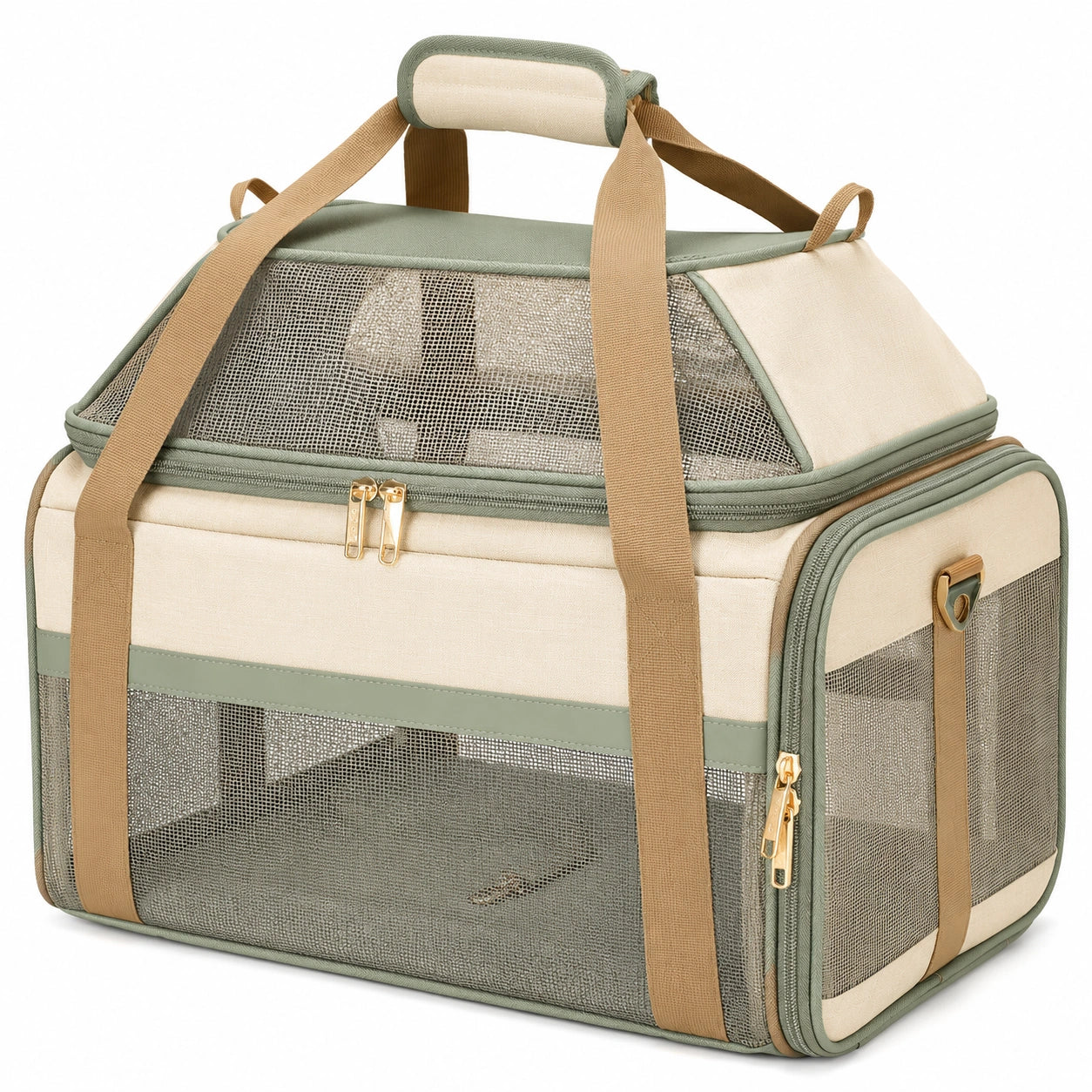 Faltbare Haustiertragetasche mit Mesh-Belüftung, Beige/Grün